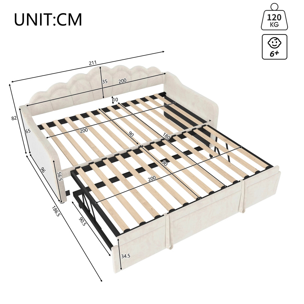 Letto estraibile singolo in velluto beige 90 × 200 cm con LED multicolore e secondo letto