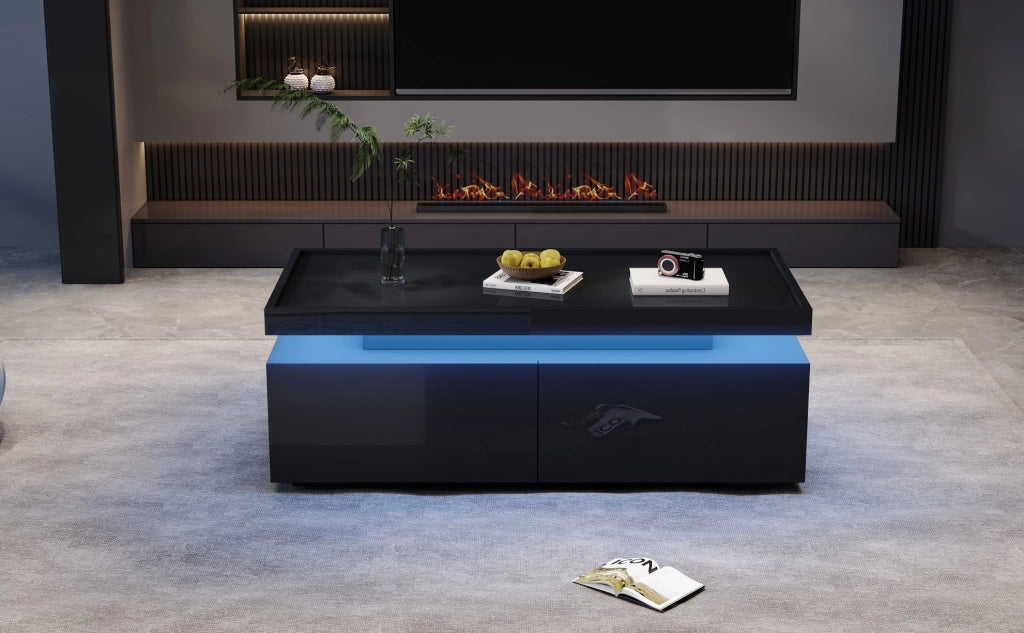 TAVOLINO DA CAFFÈ 95x45x35 cm Nero Lucido con LED e 2 Cassetti