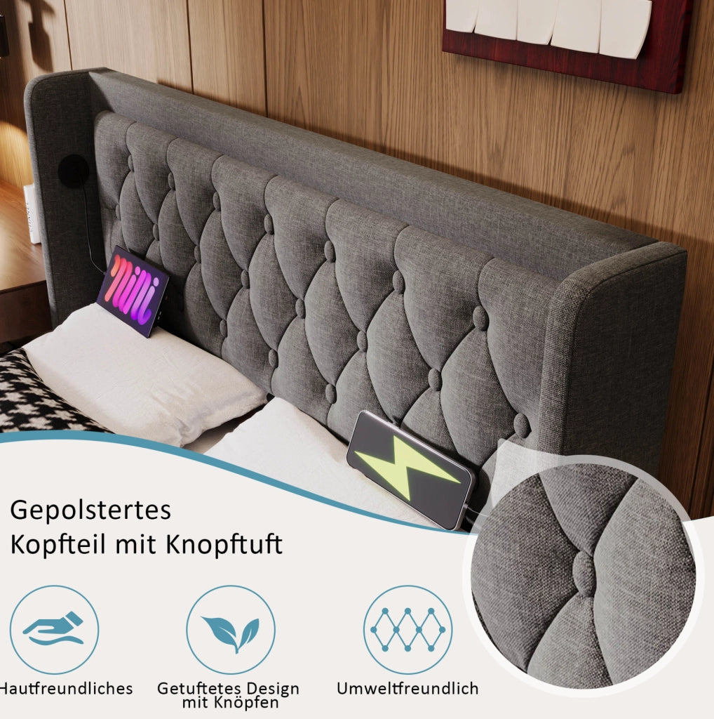Letto matrimoniale contenitore 160x200 cm in cotone grigio con LED; USB e Type-C