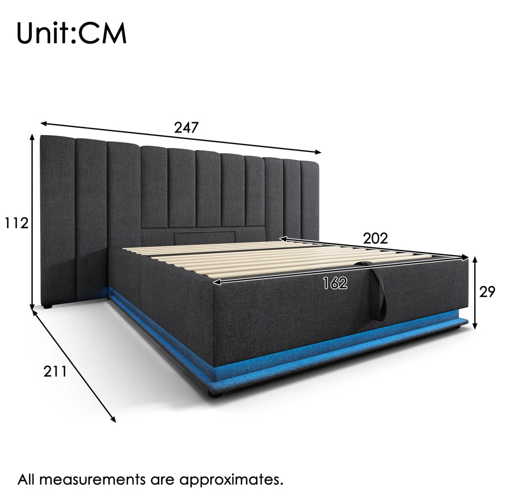 Letto imbottito 160x200 cm con contenitore; LED 360°; USB e Type-C; lino grigio