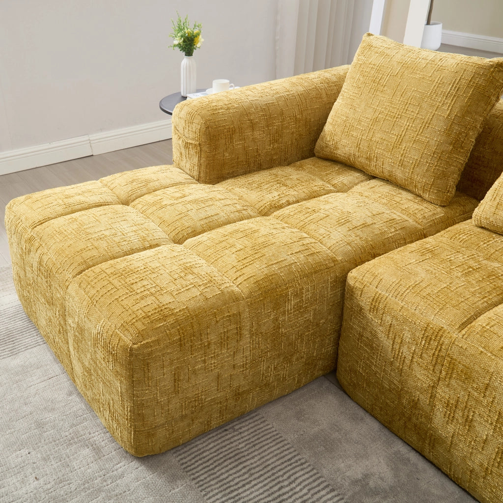 Divano componibile 3 posti in ciniglia gialla con chaiselongue; 250 cm
