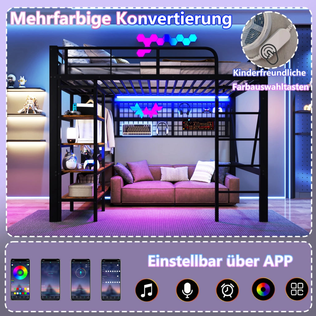 Letto a soppalco in metallo con rete appendi, LED e scala, 140x200 cm, nero
