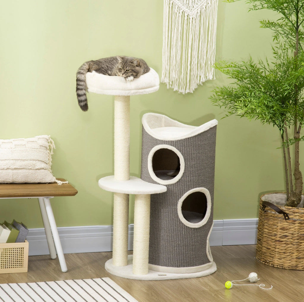 Albero tiragraffi per gatti 109 cm in compensato bianco/grigio con botte e cesto