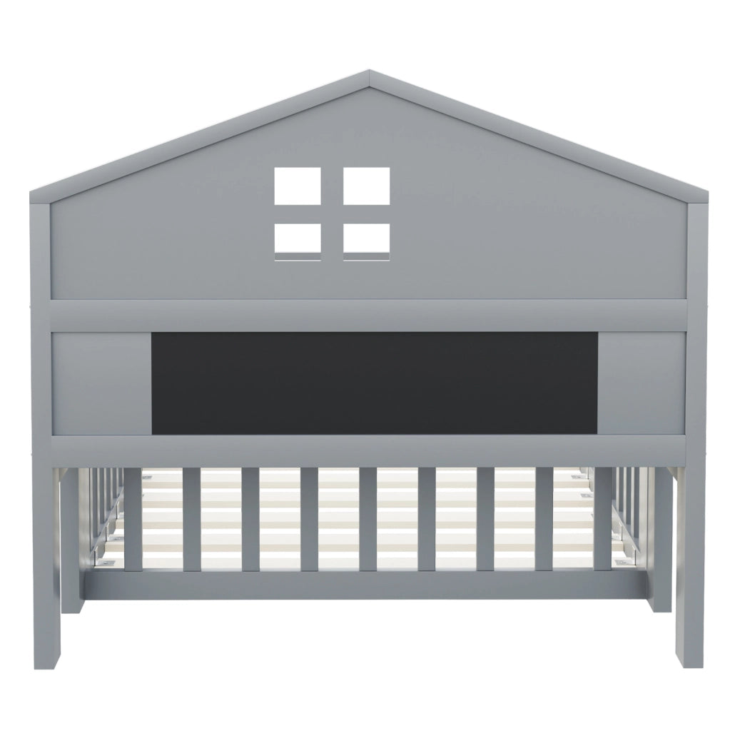 Letto per bambini 90x200 cm a casetta con protezione, ripiani e lavagna grigio