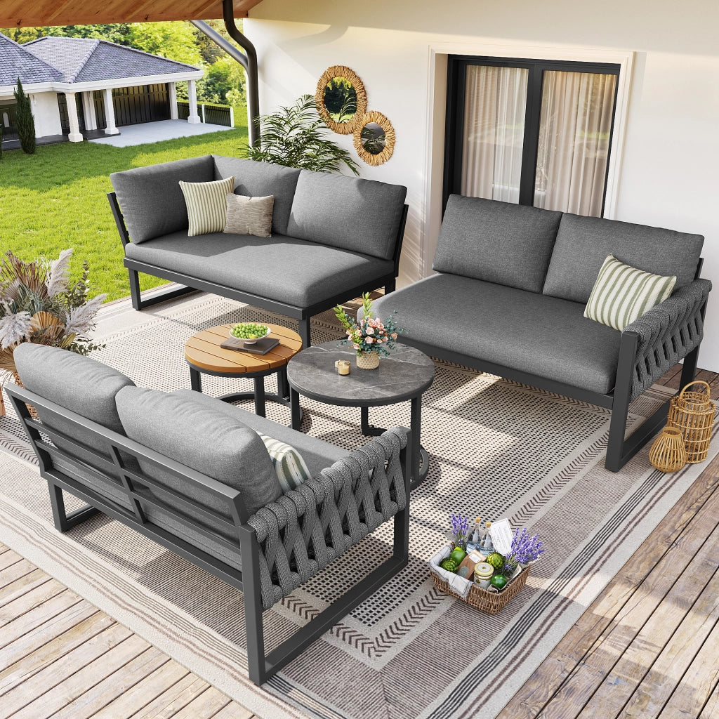 Set lounge da giardino modulare grigio con 2 tavolini regolabili e cuscini sfoderabili in olefina