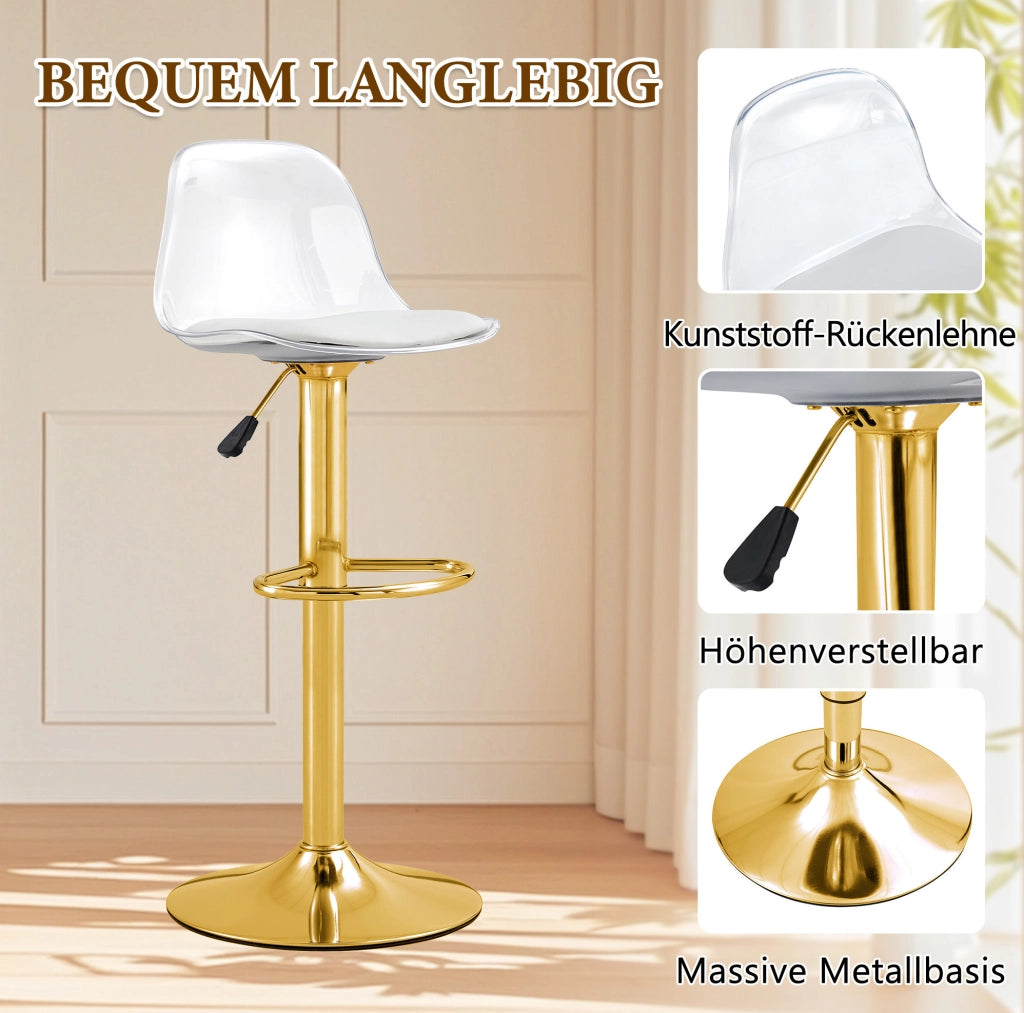 SGABELLO BAR regolabile 82-104 cm schienale trasparente oro Set da 2 pezzi