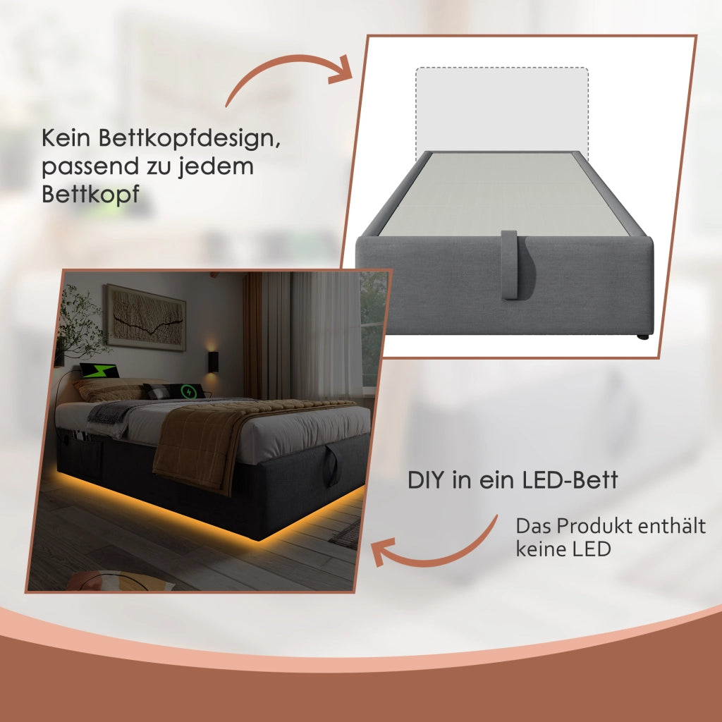 Letto imbottito con contenitore e USB-C, 160x200 cm, cotone grigio