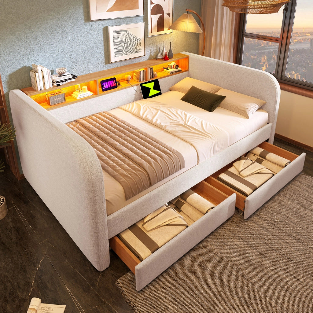 Letto imbottito 140x190 cm con LED e cassetti