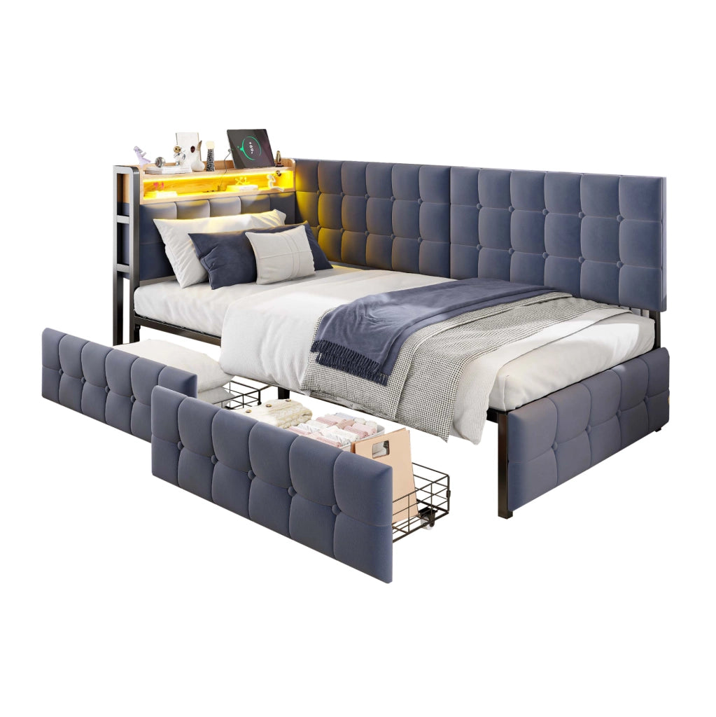 Divano letto imbottito 90x200 cm con 2 cassetti; LED e prese USB/Type-C; tessuto grigio