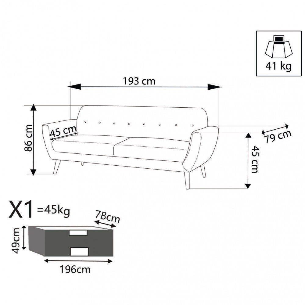 Divano 3 Posti Burton 193x79x86 h cm in Tessuto Blu