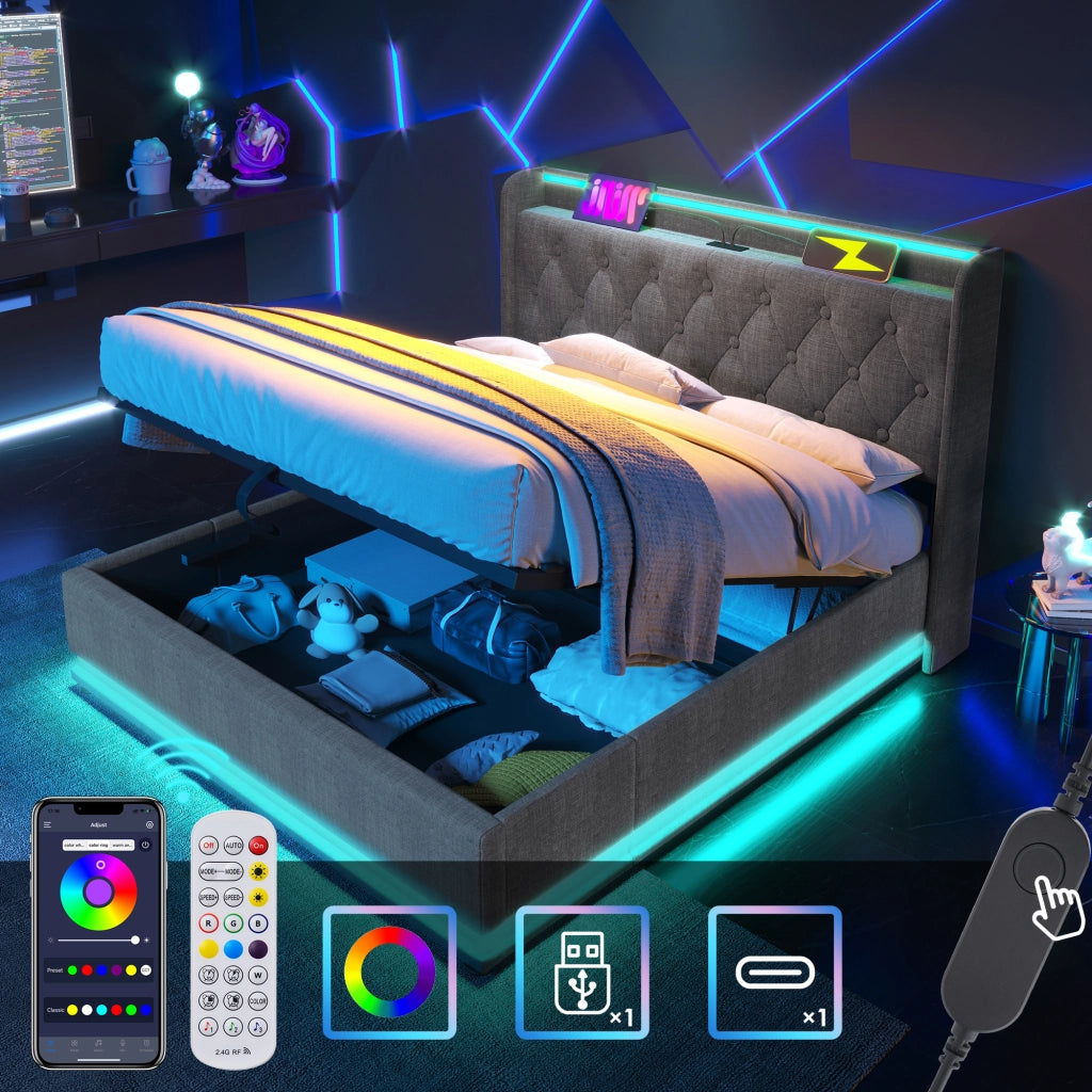 Letto matrimoniale di 140x200cm in lino grigio con 360 LED telecomando sistema di stoccaggio idraulico e porta USB Type-C senza materasso