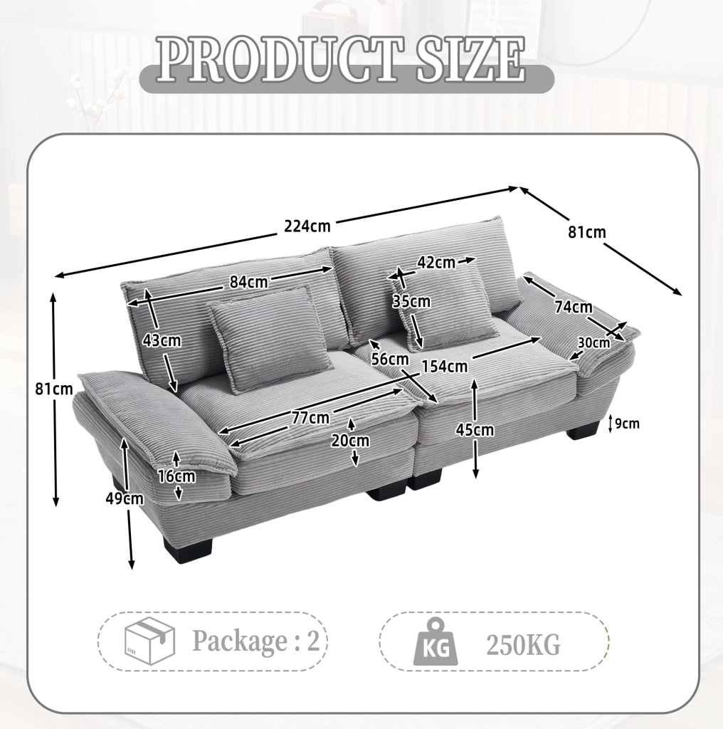 DIVANO 2 POSTI 224x81x81 cm Velluto Grigio Chiaro con 2 cuscini