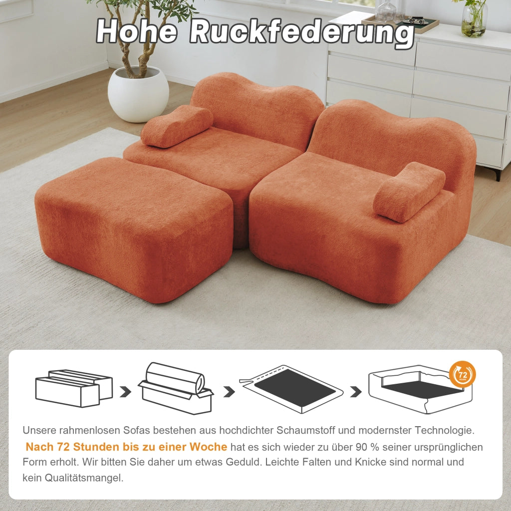 Divano modulare angolare 2 posti con pouf; forma ondulata e cuscino bracciolo mobile; velluto arancione