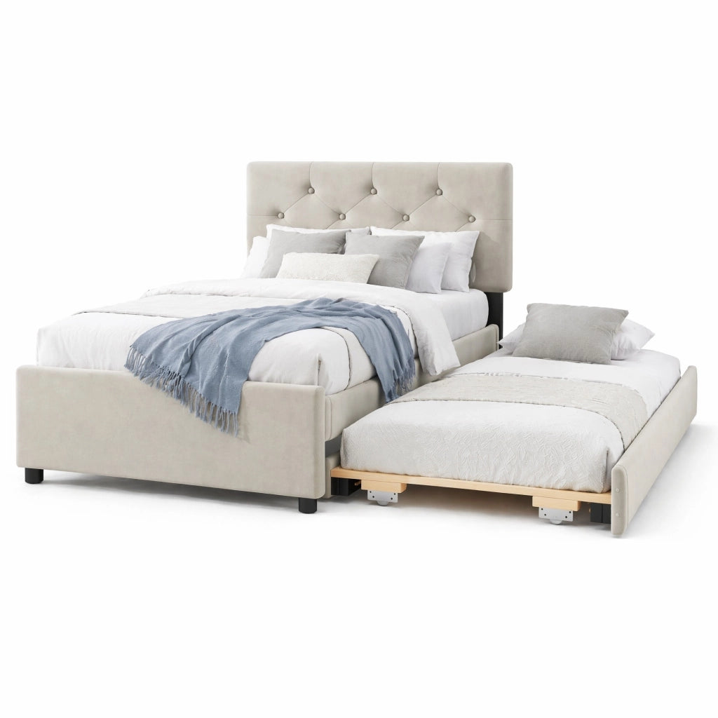 Letto imbottito 90x200 cm con letto estraibile beige