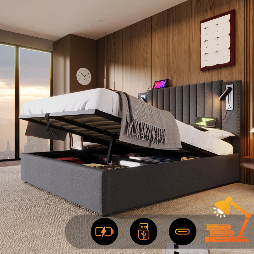 Letto contenitore 160 × 200 cm con luce da lettura, USB e Type-C, materasso incluso, in cotone, grigio