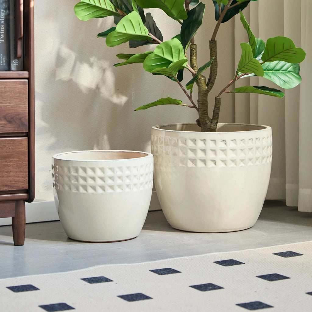 Set 3 vasi da fiori ULEVR in ceramica ?38/30,5/23 cm con fori di drenaggio, bianco crema lucido
