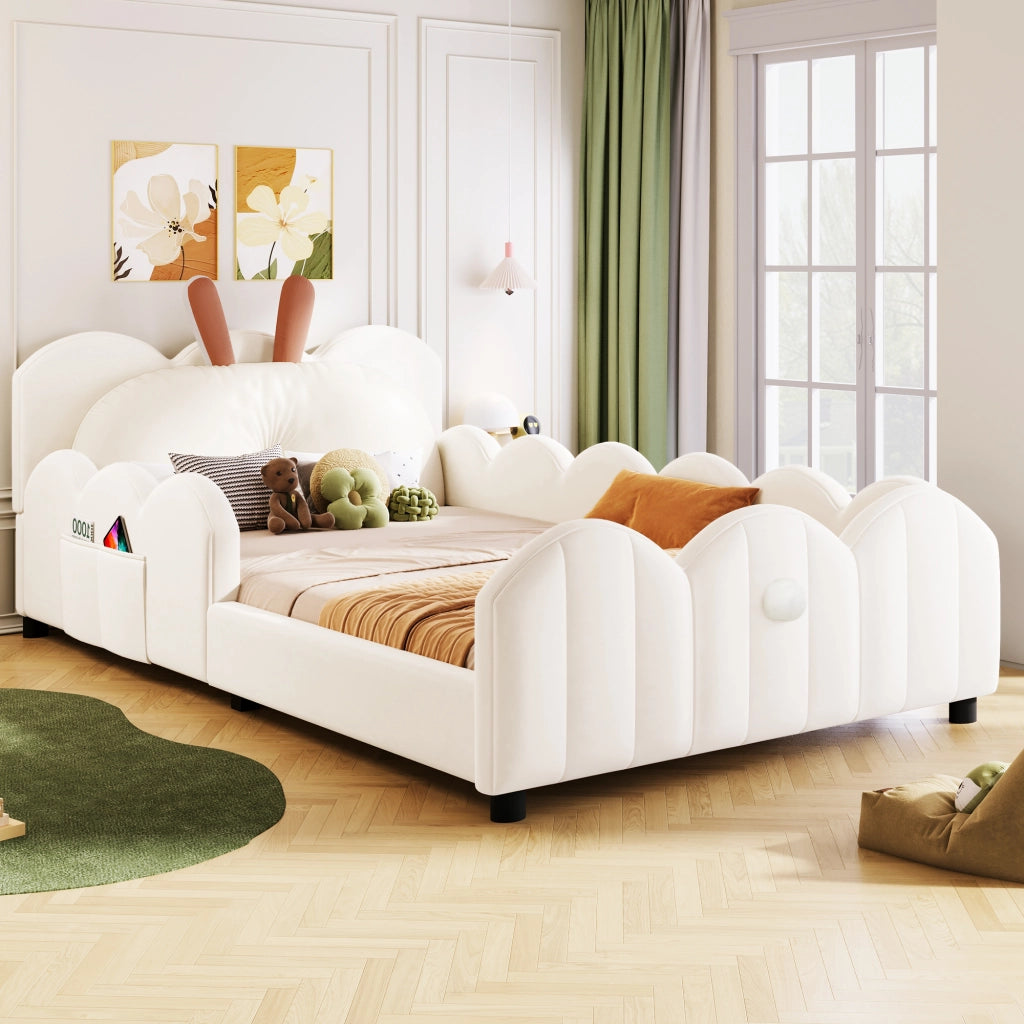 Letto per bambini 90 × 200 cm con barriere imbottite e cuscino a coniglio, senza materasso, beige