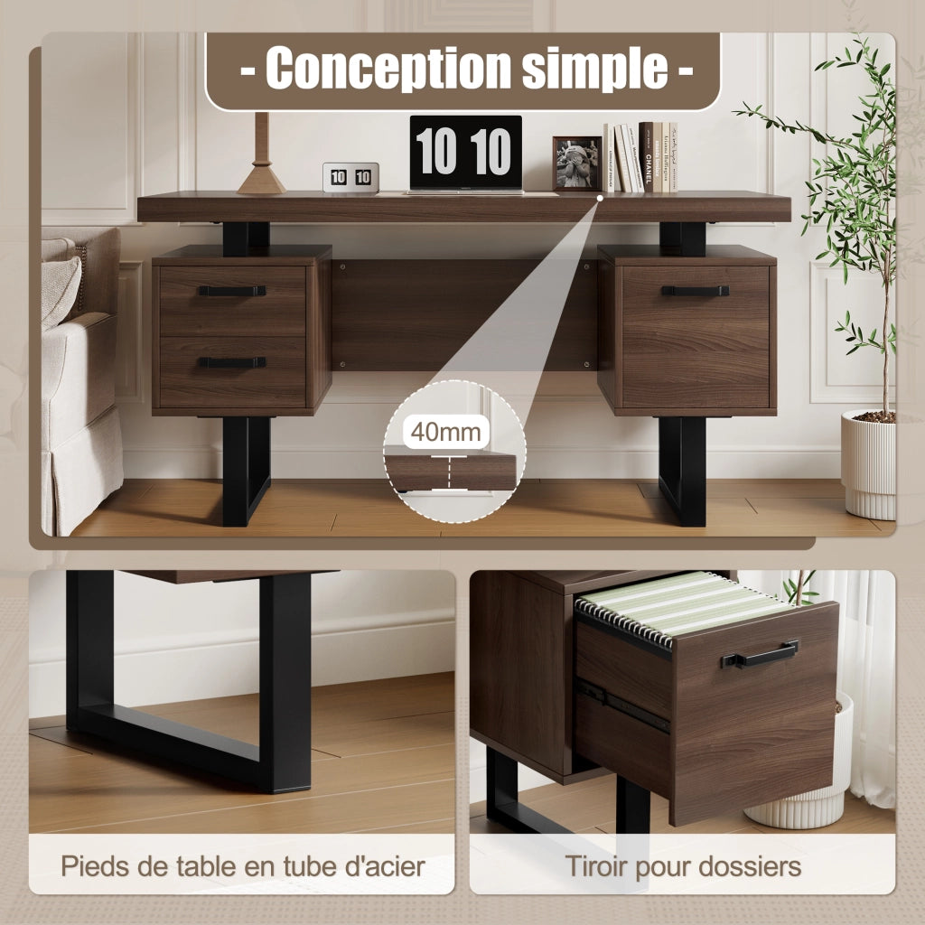 Scrivania da ufficio 135x54 cm con 2 cassetti e vano portadocumenti; MDF e metallo nero/marrone