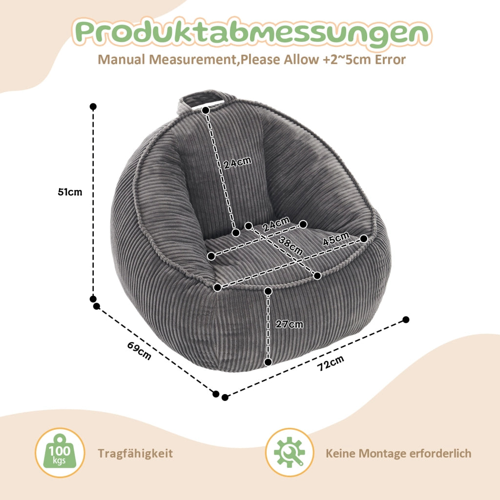 Poltrona pouf ergonomica in velluto a coste con supporto per schiena e vita; grigio