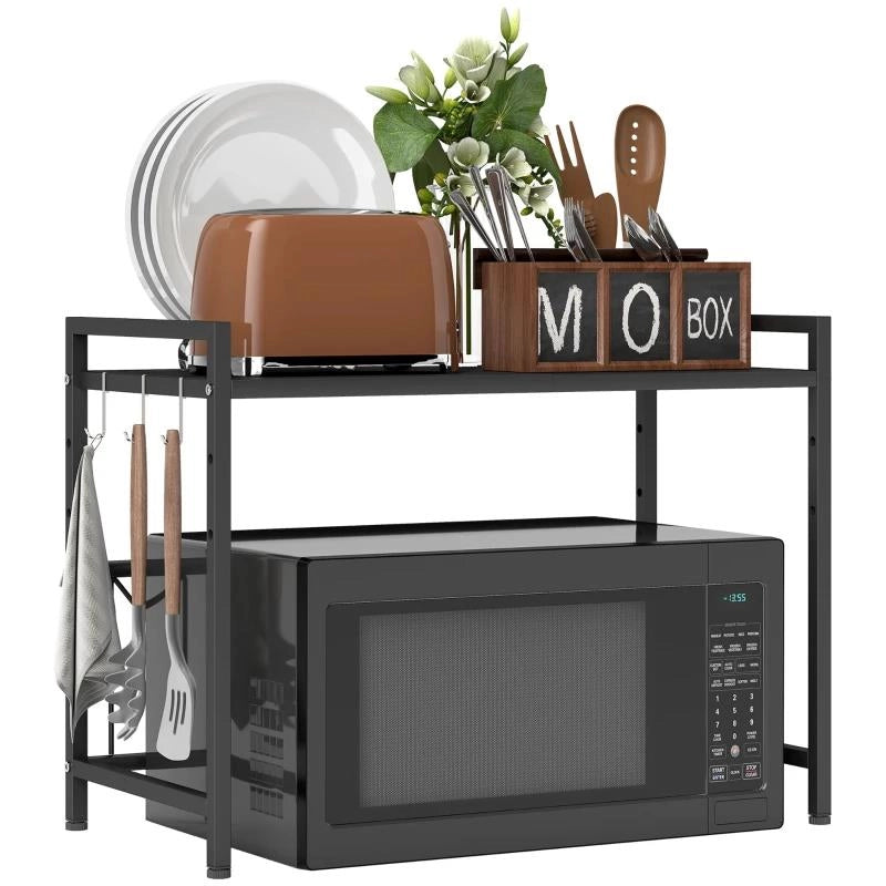 PORTA MICROONDE ESTENSIBILE A 2 LIVELLI CON 3 GANCI, IN METALLO, 39.5-64X32X47.5 CM, NERO
