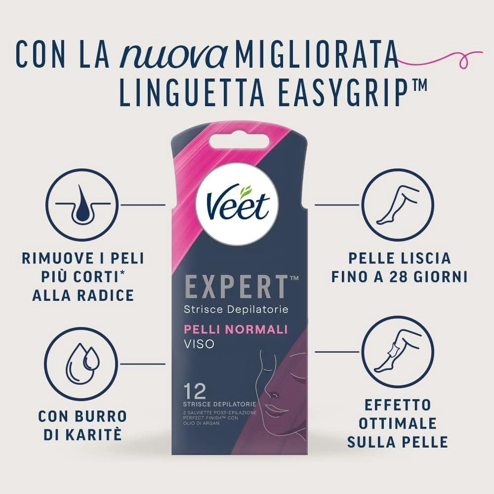 VEET STRICE DEPILATORIE VISO PER PELLI NORMALI CON BURRO DI KARITÈ 12 STRISCE (6X2 STRISCE) + 2 SALVIETTE POST-EPILAZIONE