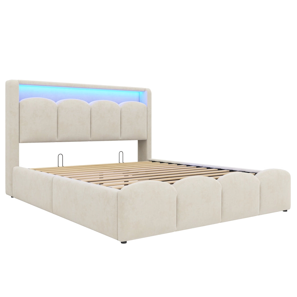 Letto matrimoniale imbottito 140 × 200 cm con contenitore idraulico velluto beige USB e Type-C LED