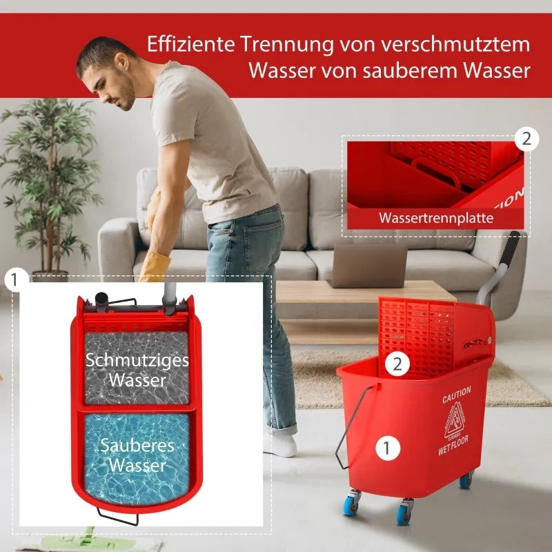 Secchio per mop da 20 L con strizzatore e manico, su ruote, in plastica, rosso