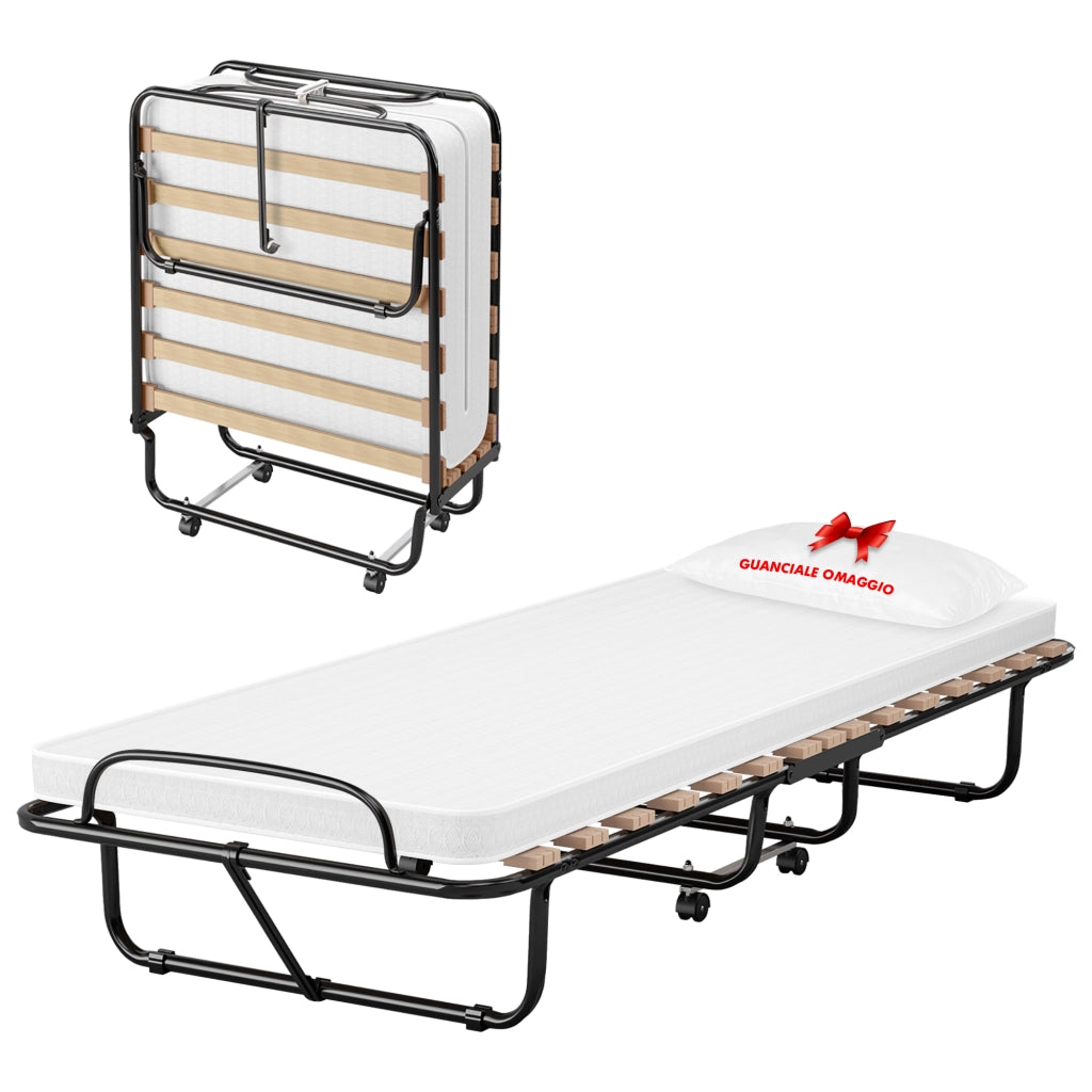 Brandina Pieghevole A Doghe Con Materasso Letto Ospiti Struttura Resistente Con Ruote Prodotto Italiano Branda Ortopedica Richiudibile 80x190 Cm Trasportabile In Omaggio Cuscino e Cover Protettiva