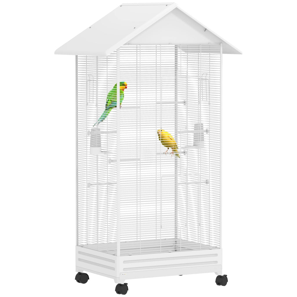 Gabbia per Uccelli con Ruote ¨C Xylo ¨C 79x65x155 cm Bianco con 2 Mangiatoie 8 Posatoi