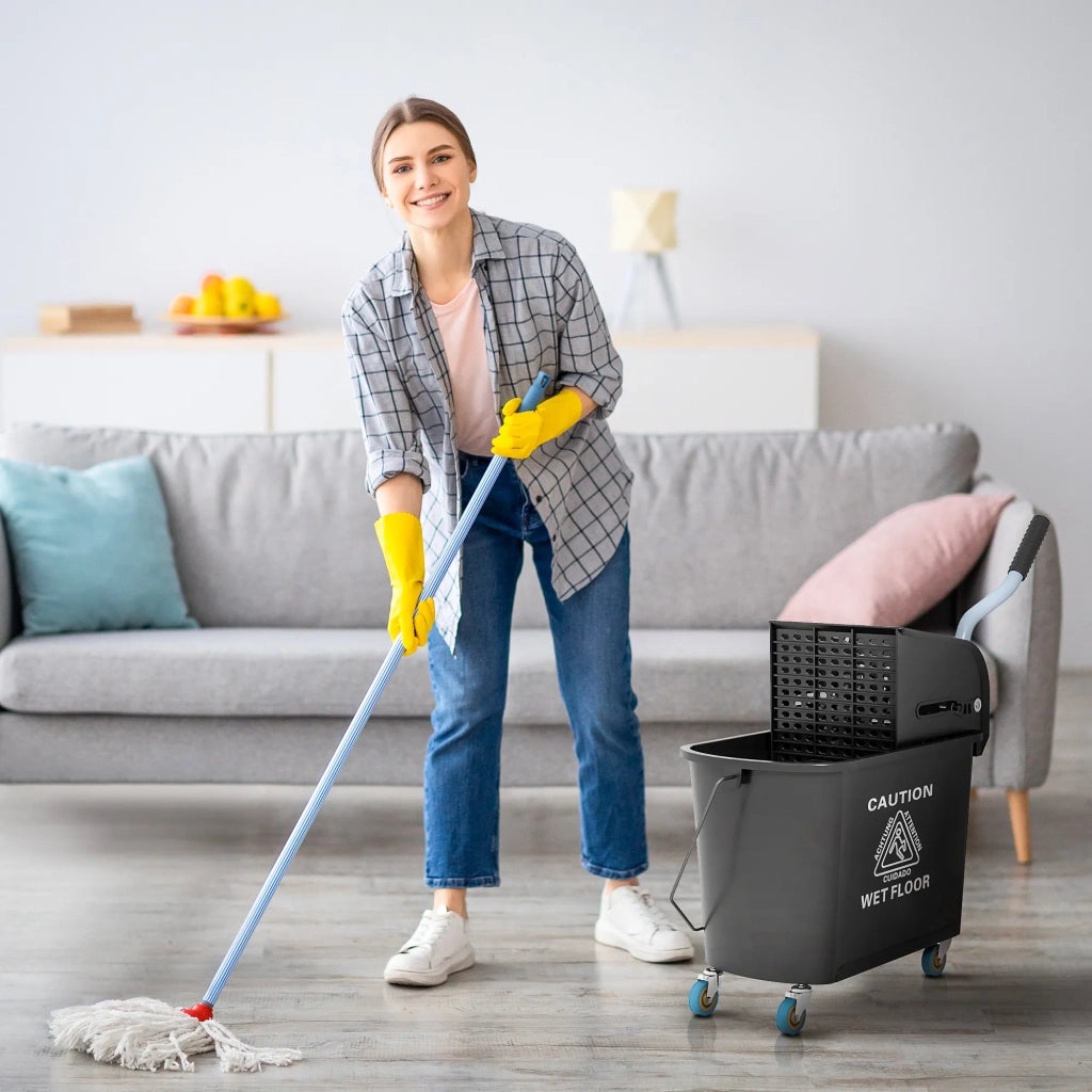 Carrello per le pulizie con secchio da 20 L, pressa e 2 scomparti, nero