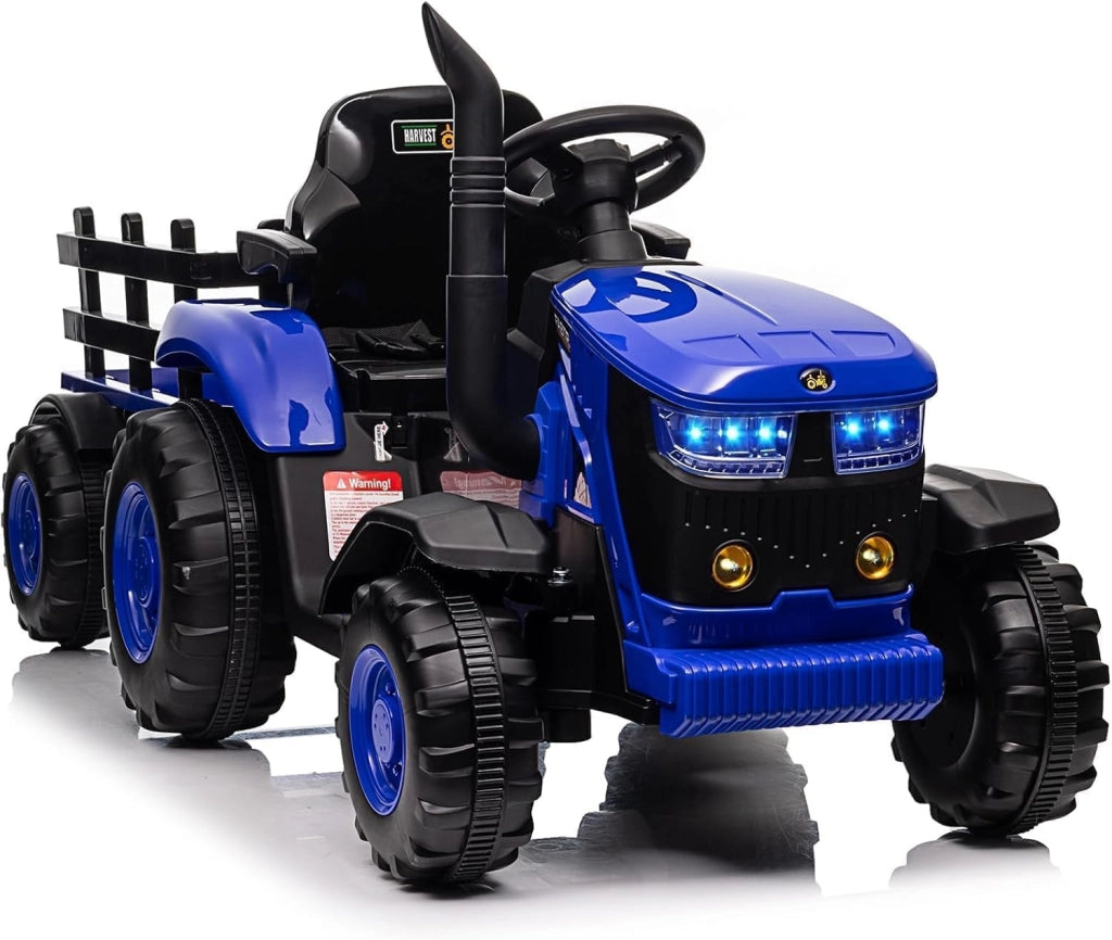 Trattore elettrico per bambini con rimorchio rimovibile e telecomando.