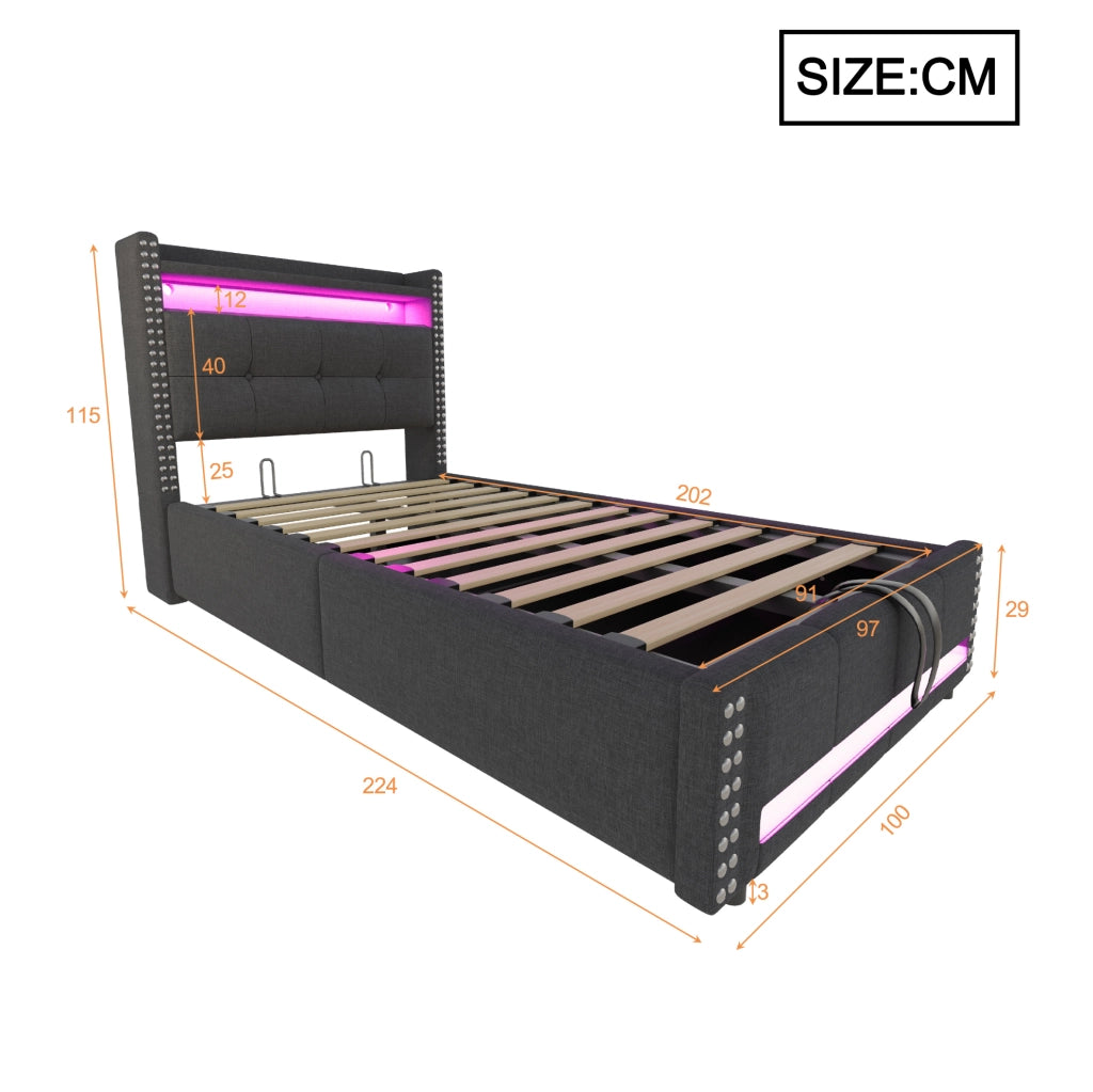 Letto imbottito singolo 90x200 cm con LED, USB e contenitore idraulico, grigio