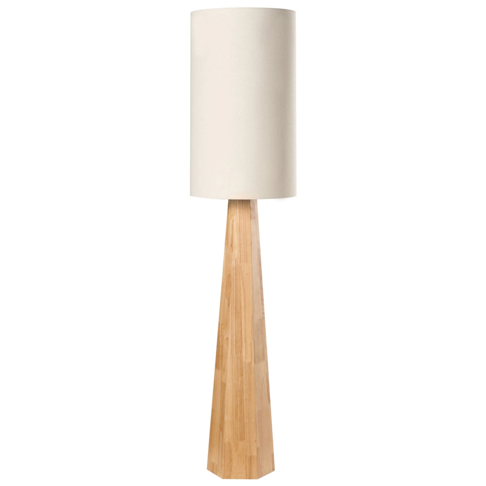 Lampada da terra moderna con paralume a tamburo in tessuto di lino e legno di gomma naturale