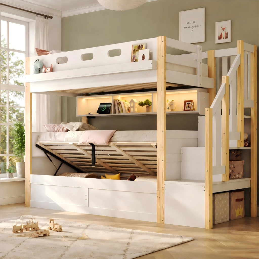 Letto a castello 90 × 200 cm con contenitore idraulico scala contenitore LED USB struttura in legno bianco