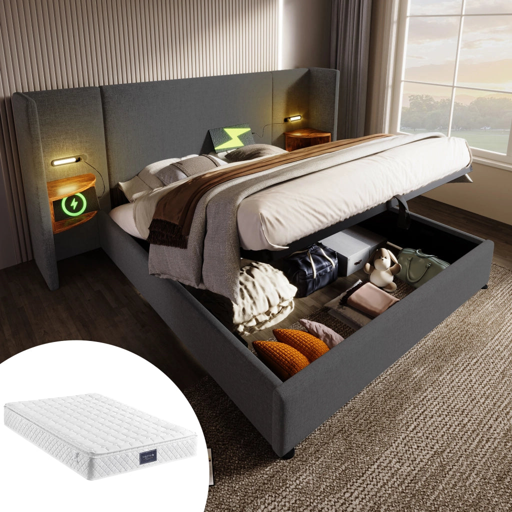 Letto contenitore matrimoniale 160 × 200 cm con luce da lettura, USB e Type-C, materasso incluso, grigio, lino