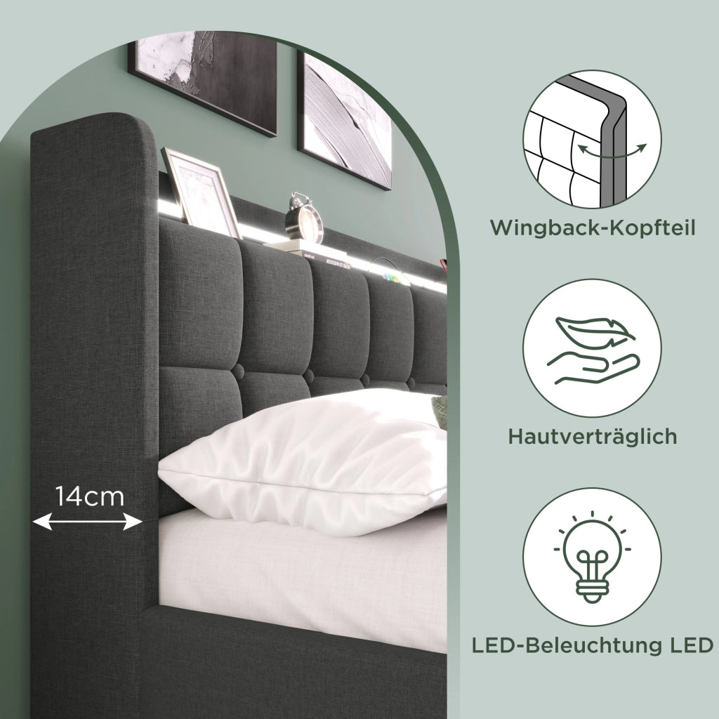 Letto singolo imbottito grigio 90 x 200 cm con LED, prese, USB e 2 cassetti