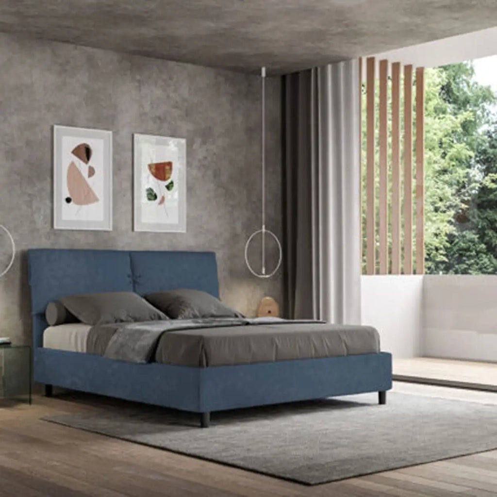 Letto matrimoniale con rete imbottito 160x190 microfibra blu Mados