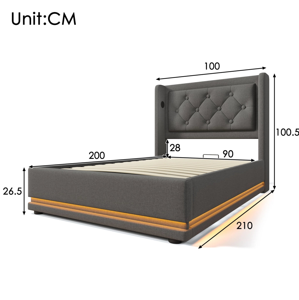 LETTO Contenitore 90x200 cm Grigio in cotone con materasso incluso, USB Tipo C e LED