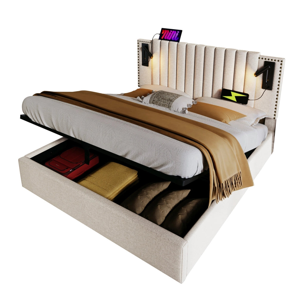 Letto matrimoniale contenitore 180x200 beige con USB e luce