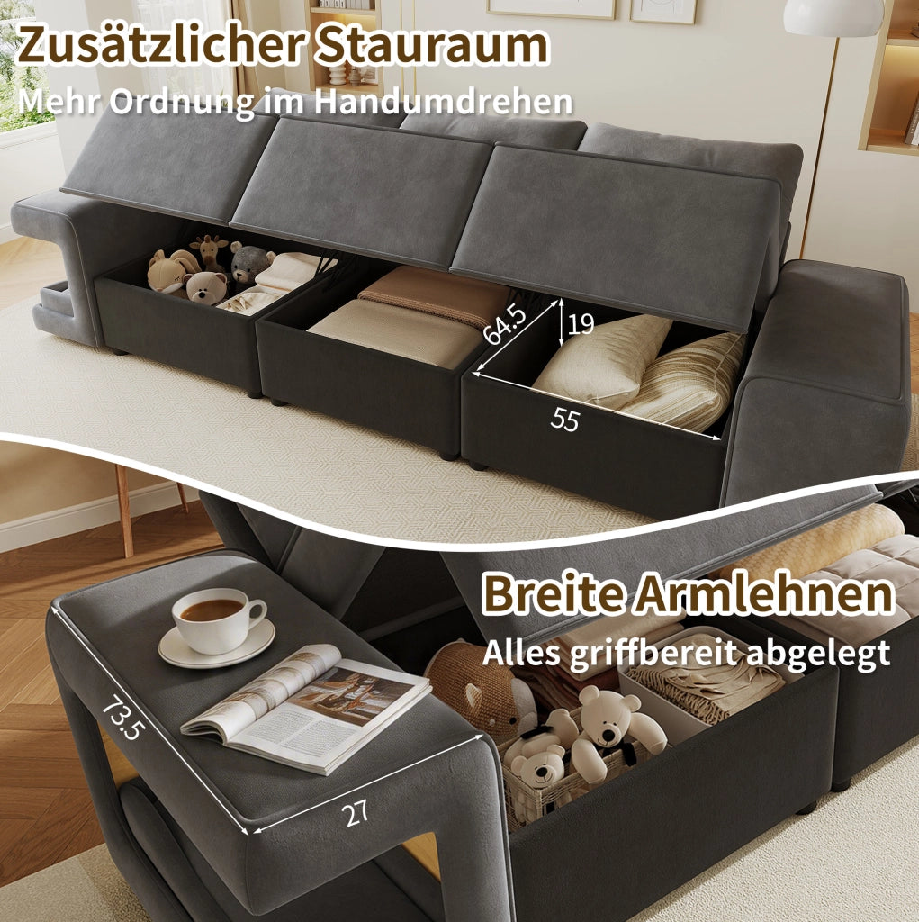 SOFÀ 3 POSTI 229,5x78x84 cm Velluto Grigio con 2 cuscini e vani portaoggetti