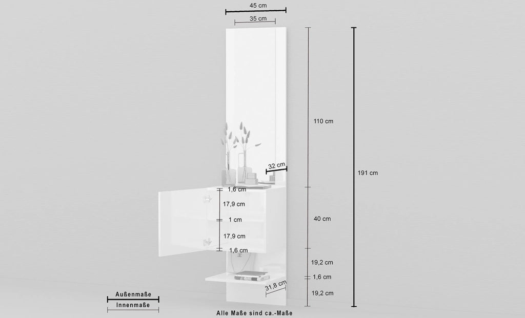 Mobile Ingresso Specchio e Armadietto 45x35x191 cm Kompact Bianco Lucido