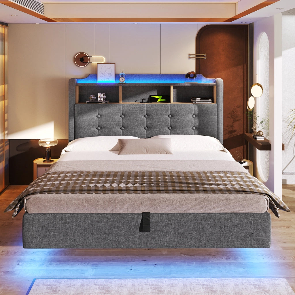 Letto imbottito 140 ¡Á 200 cm con vano idraulico LED USB e tipo C in lino e MDF grigio