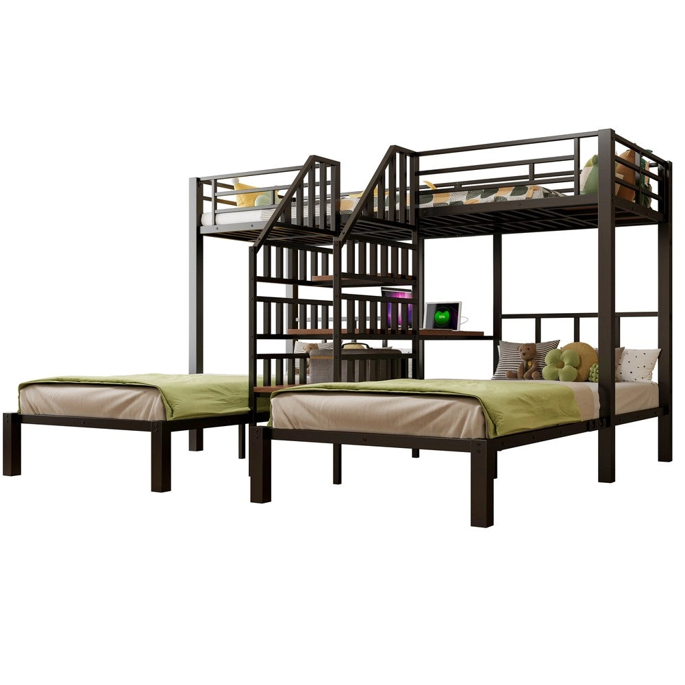 Letto a Castello 3 Posti con Scrivania e Scaffale ¨C Xylo ¨C Nero, LED, USB, 90x200