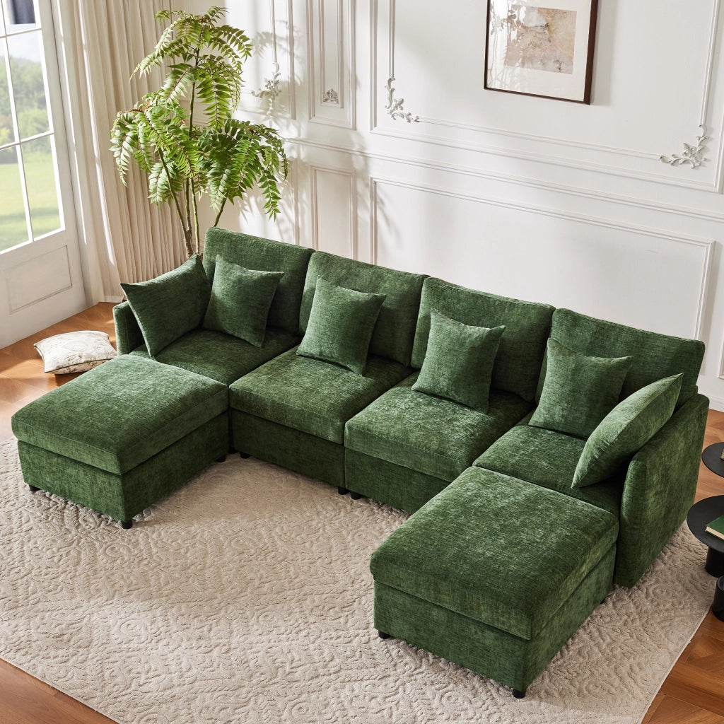 Divano modulare in ciniglia verde componibile a L o U con 2 pouf e 6 cuscini