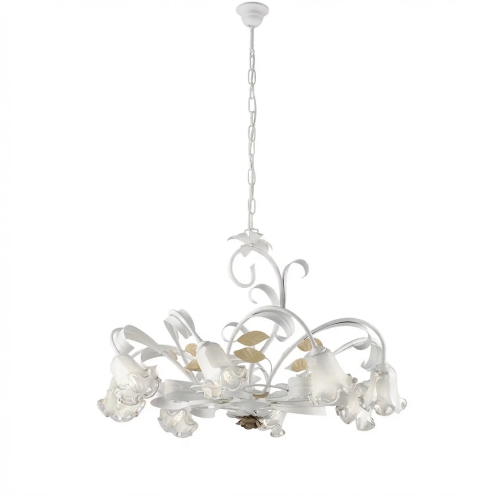 Lampadario Arte Povera Cesto Metallo Bianco E Oro 8 Luci E14