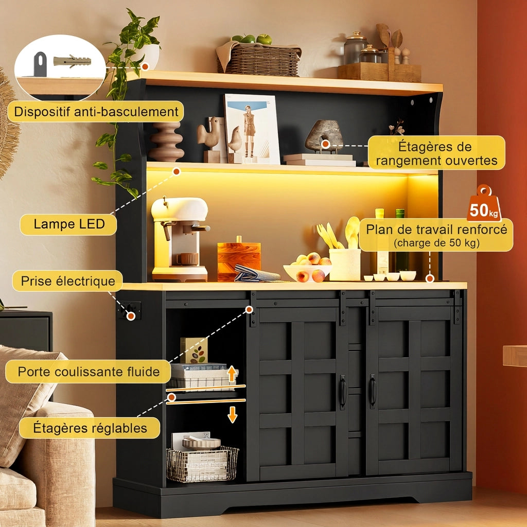 Credenza cucina con luci led 120x40x150 cm; mobile buffet con 4 cassetti e prese elettriche; cantinetta vino stile rustico; MDF nero e legno