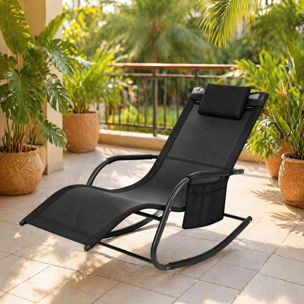 Chaise longue a dondolo 152x62x83 cm metallo nero poliestere, per terrazza e giardino