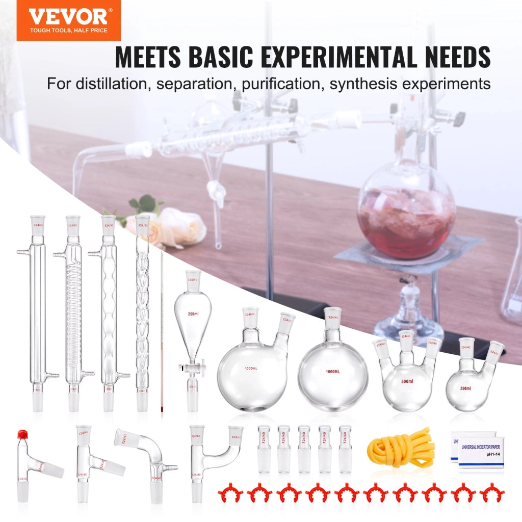 Kit di distillazione da laboratorio da 32 pezzi YHEO-7, apparecchio per oli essenziali 1000 ml in vetro con giunti 24/40