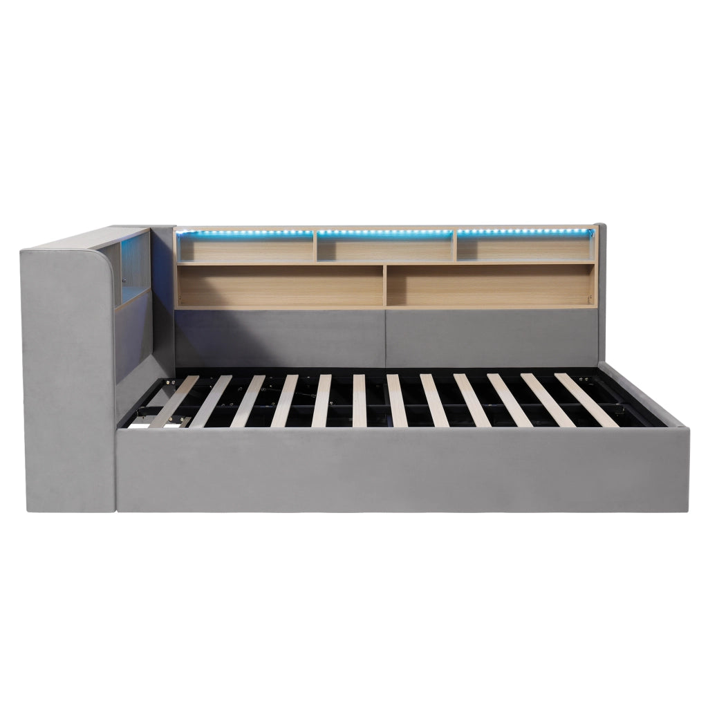 Letto per bambini con contenitore idraulico in velluto grigio con LED USB e porta type-c