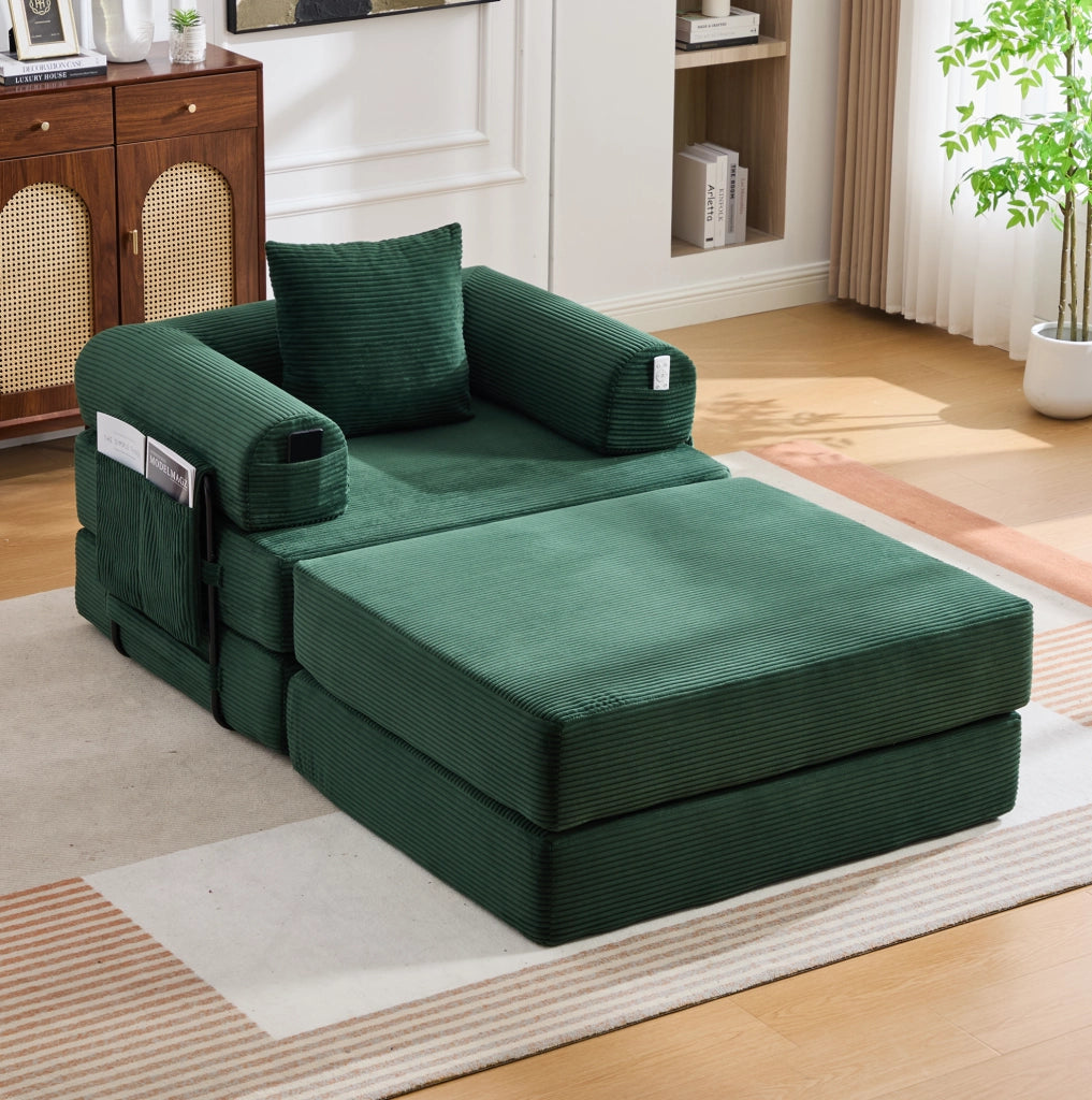 Divano modulare velluto a coste verde con pouf, cuscino e tasca laterale